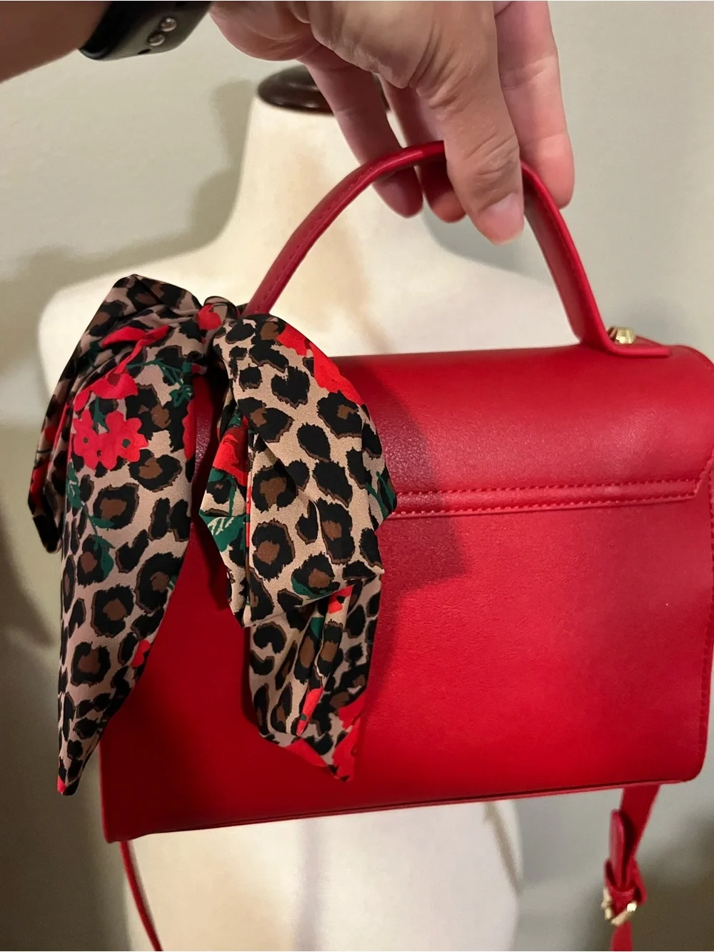 Betsey Johnson Red Satchel with Leopard Scarf and Gold Heart Lock